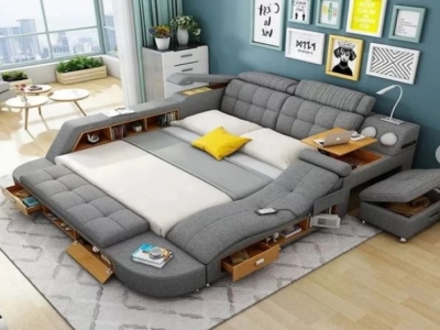 Leather and Plywood Modern Smart Bed King Size