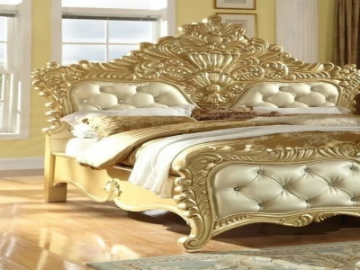 Golden White Teak Wood Royal King Size Bed