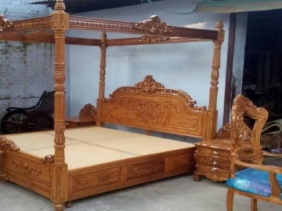 King Size Teak Wood Nrw Carved Four Poster Double Bed