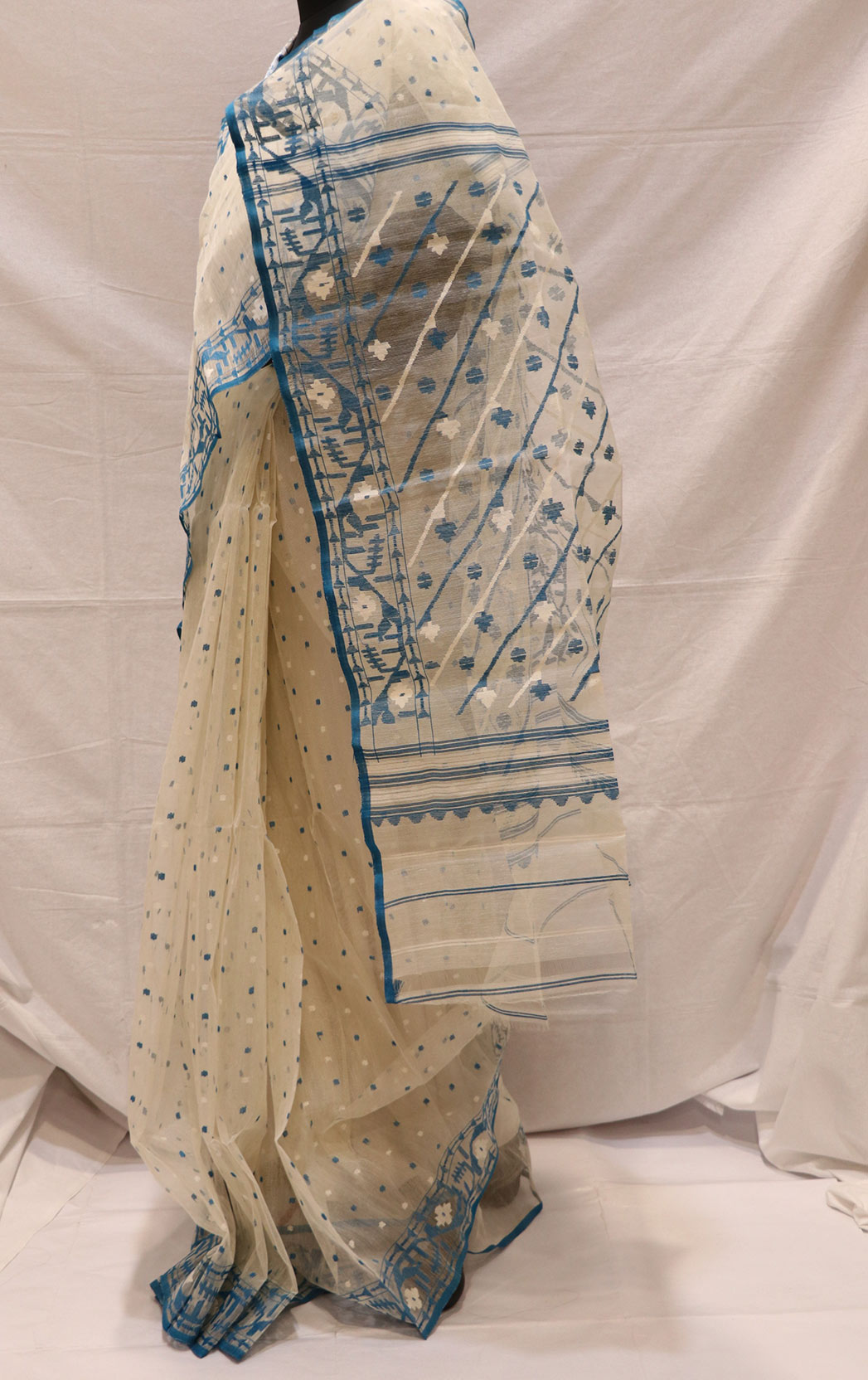 Jamdani - Off white with firozi blue and self woven butis and border