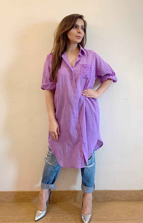 Purple Long Cotton Shirt with Face Mask